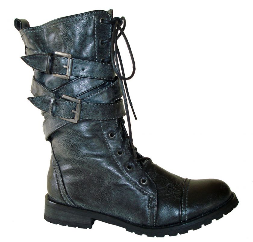 Military Chic Distressed Mid Calf Lace up Combat Boots  