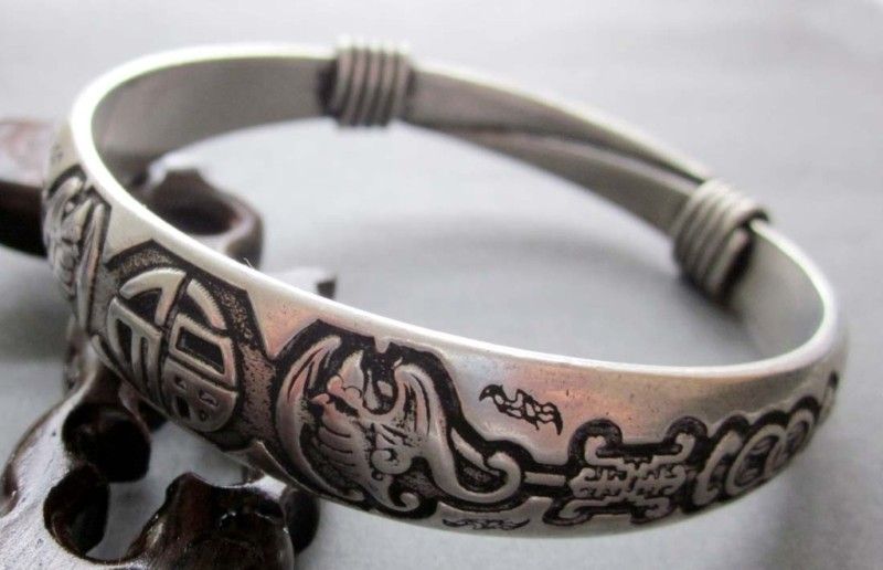 Tibet Silver Lucky Bats Fu Shou Coins Bangle Bracelet  