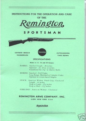 Remington SPORTSMAN 12,16, & 20 Ga ShotGun Gun Manual  