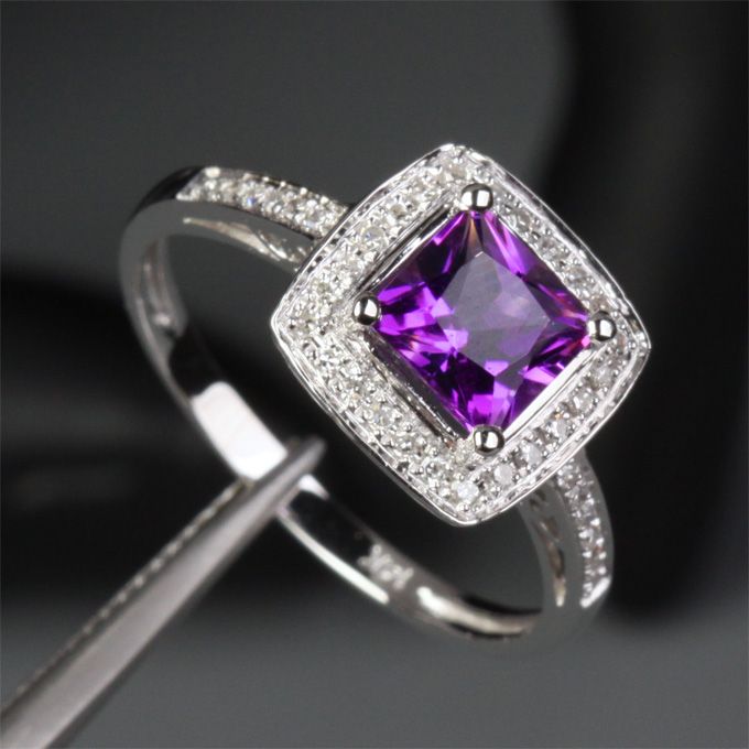 Princess Cut AMETHYST & DIAMOND   Solid 14K WHITE GOLD Pave ENGAGEMENT 