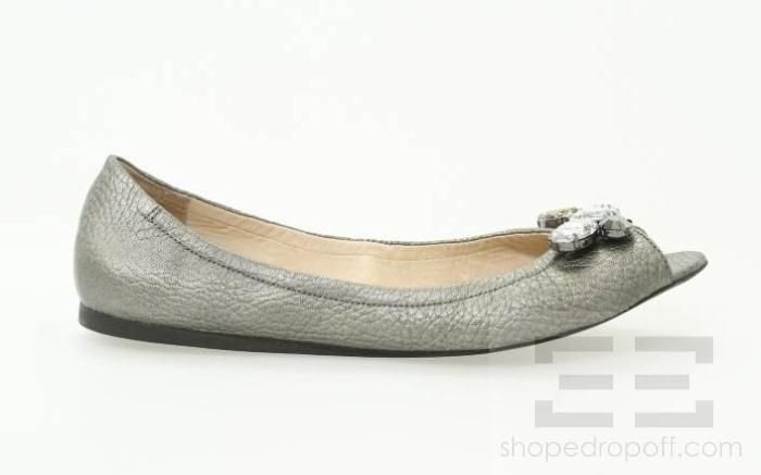 Kate Spade Gunmetal Leather & Jeweled Peep Toe Flats Size 10  