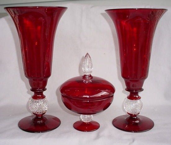 RARE PAIRPOINT CONTROLLED BUBBLE RUBY GLASS VASES & BOX  