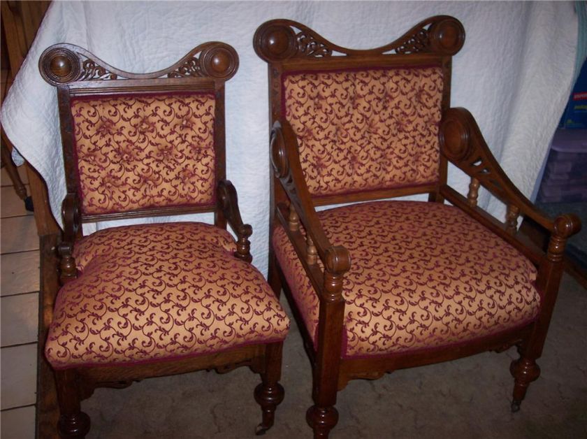 Pair Quartersawn Oak Pierced Carved His/Hers Armchairs  