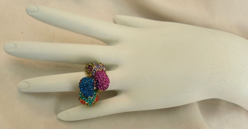   TEAL GREEN AQUA PINK RHINESTONE TWIN BYPASS PARROT BIRD RING  