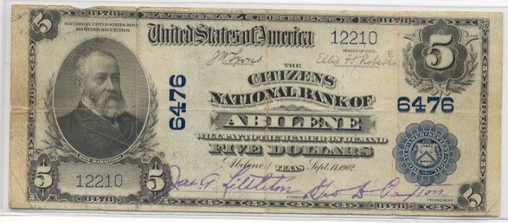 1902 Rare National Bank Note Abilene Texas $5 Note  