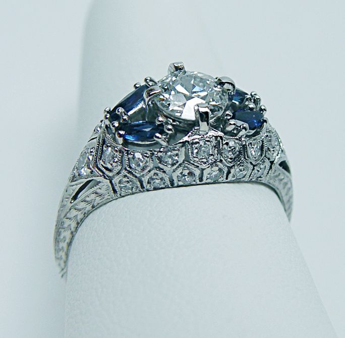   Platinum 1.5c Old European Diamond Sapphire Ring Estate Jewelry  