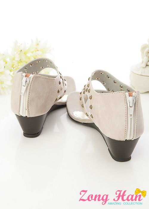 Stud T Strap Wedge Sandals Beige Brown   