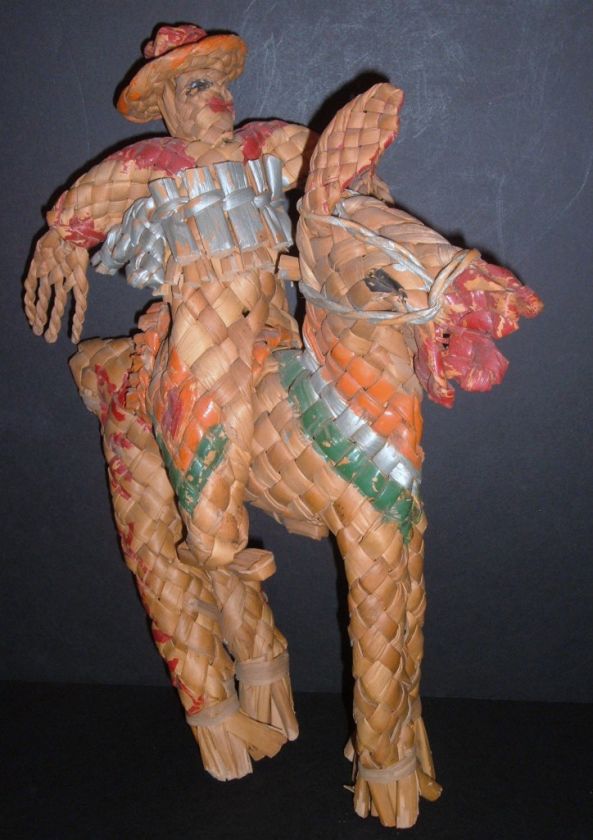   Mexican Woven Straw Palm Burro & Rider Figure   c 1940s Mexico  