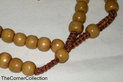 NATURAL WOODEN BEAD ROSARY NECKLACE DARK MACRAME CHAIN  