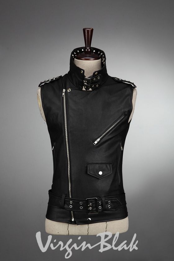 vb HOMME Mens Studded Collar Biker Vest Punk Rock Chic Slim Fit 3RS 