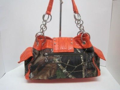   Licensed Camouflage Handbag Purse Rhinestone Belt Buckle Orange Trim