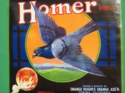 HOMING PIGEON HOMER SUNKIST CITRUS LABEL CORONA CALIF.  