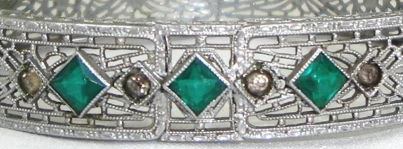   Deco Era Filigree Pierced Hinged Green Stone Hinged Bracelet  