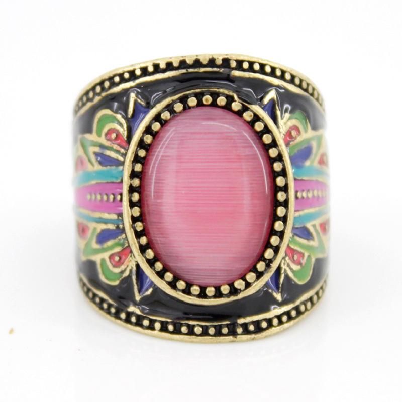 Special Gold tone Black Bohemian Pink Cat eye Stone Ring,Size 7  