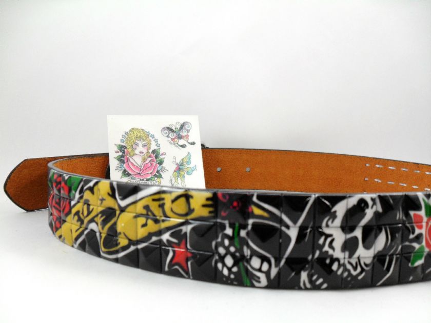 DAY OF THE DEAD PUNK STUD 34 36 MED BELT & ED HARDY TAT  