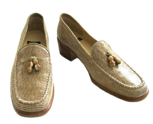 Beige leather with a tweedy or linen pattern loafer style shoes by 