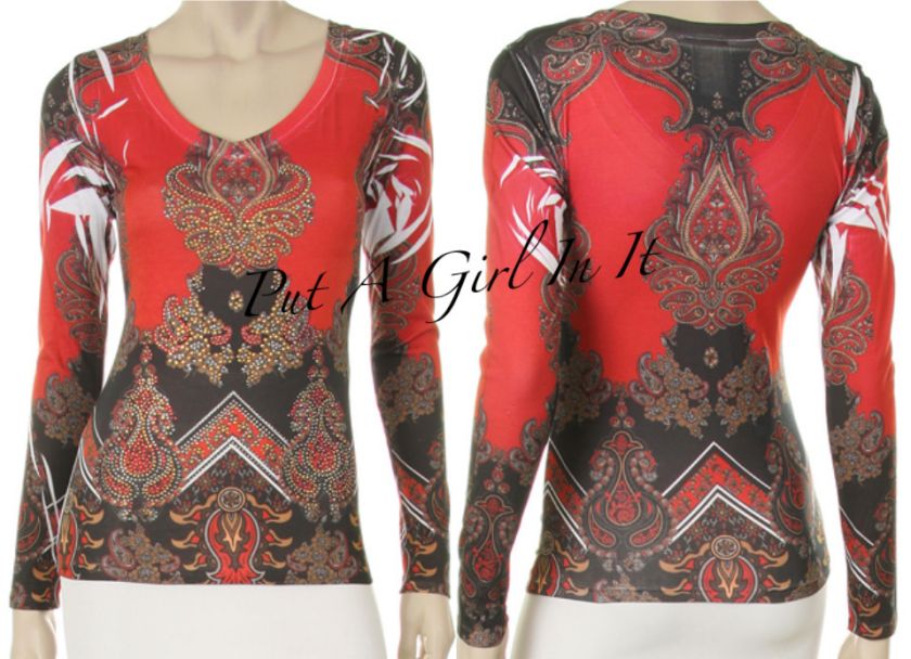   CRYSTAL RED NATIVE AMERICAN PAISLEY SUBLIMATION WESTERN BIKER V SHIRT