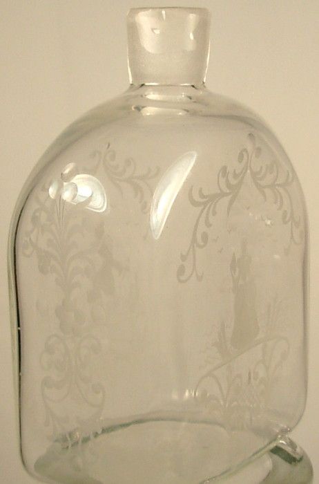 ETCHED CUT WOMAN MAN COLOGNE LIQUEUR BOTTLE PONTIL CIRCA 1800S  