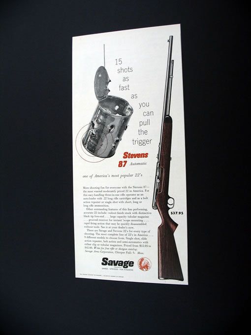 Savage Stevens 87 .22 22 Rifle tin can 1957 print Ad  