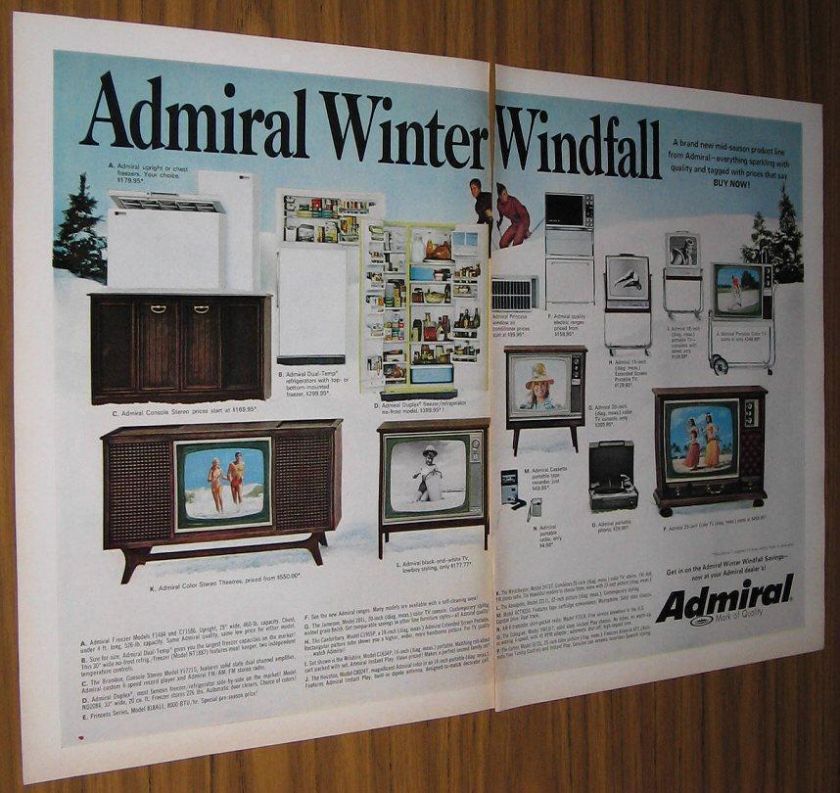 1968 VINTAGE AD~ADMIRAL TELEVISIONS,REFRIGERATORS,FREEZERS  