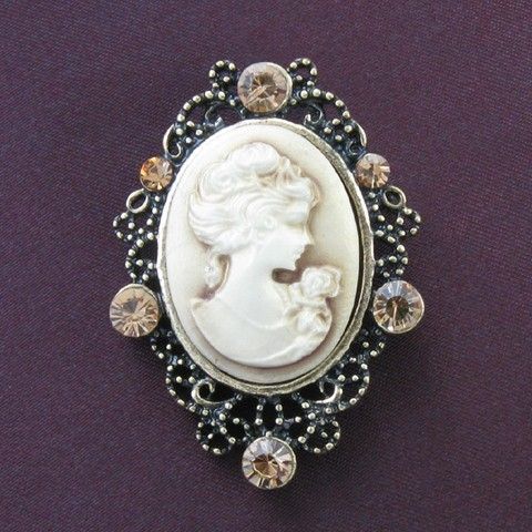 Brown Topaz Antique VTG Brass CAMEO Brooch Pin Pendant  