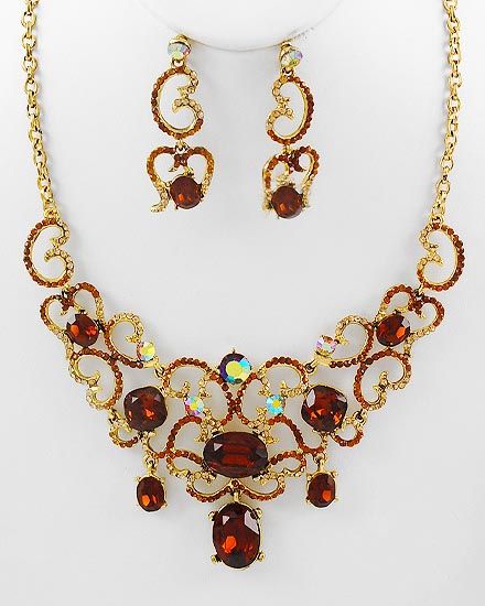 New Dazzling Aurora Borealis AB festoon necklace earring set amber 
