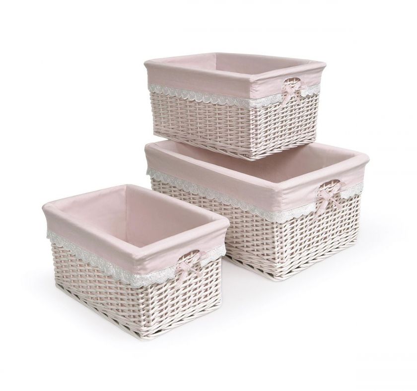 Set Pink Storage Wicker Rattan Baskets w/ Liners  