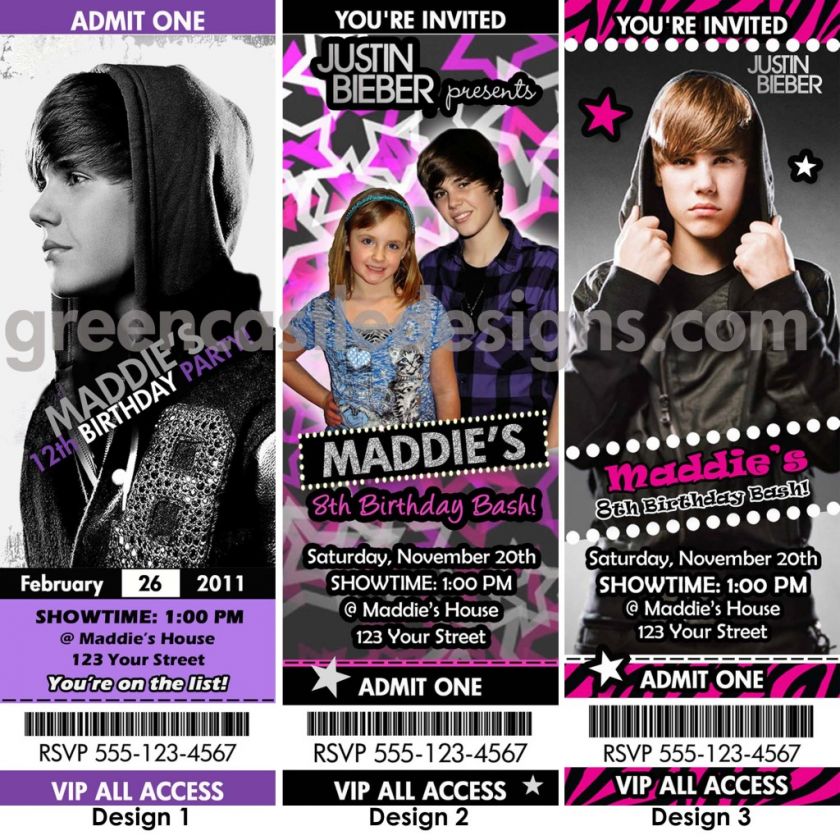 Justin Bieber Birthday Party Ticket Invitation Favor 4x6 express pics 