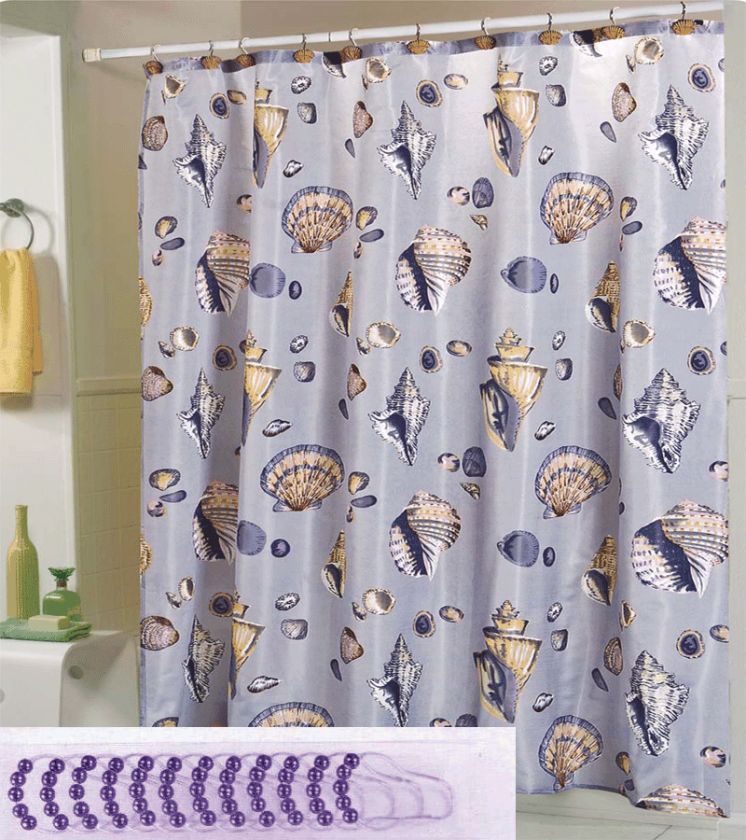 SHELL BLUE SHOWER CURTAIN +12 MATCHING RINGS BATHROOM SET NEW 16540 