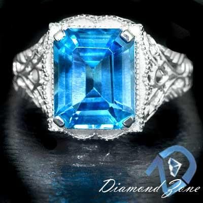 NATURAL 6CT BLUE TOPAZ ART DECO VINTAGE FILIGREE RING  