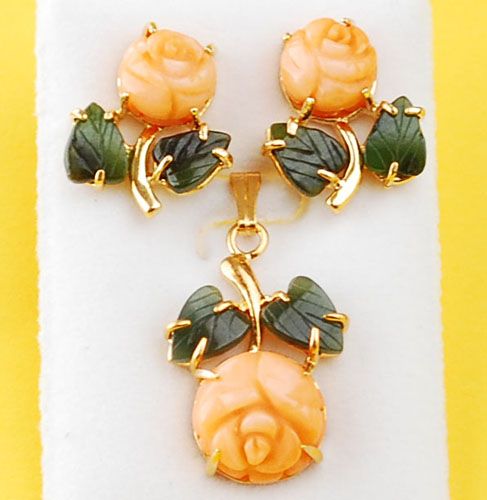 Angelskin Coral Rose & Green Jade Leaf Gold Stud Earring & Pendant Set