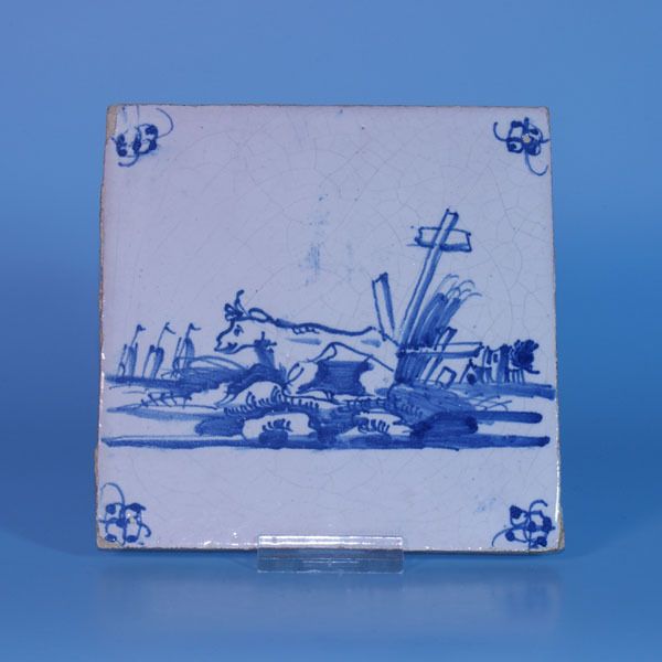 Delft 18th century landscape tile with Dutch Cow   