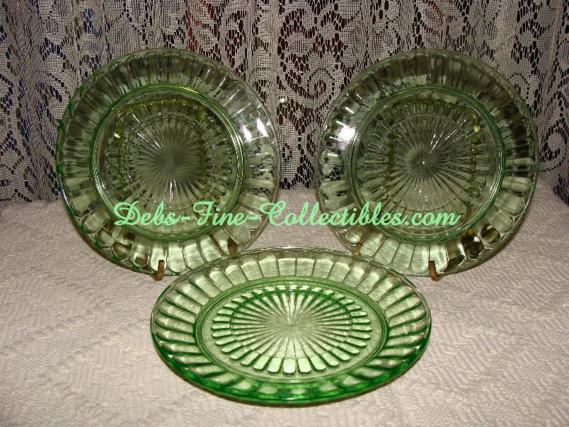 This is a set of 3 green depression / uranium glass dessert plates