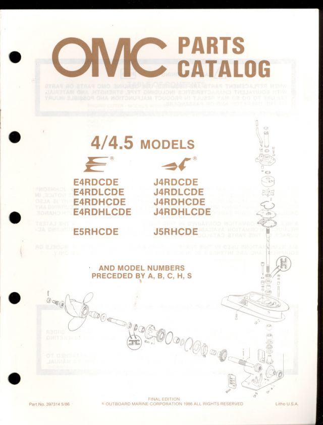 1986 OMC JOHNSON / EVINRUDE PARTS MANUAL 4 / 4.5 HP MODELS  