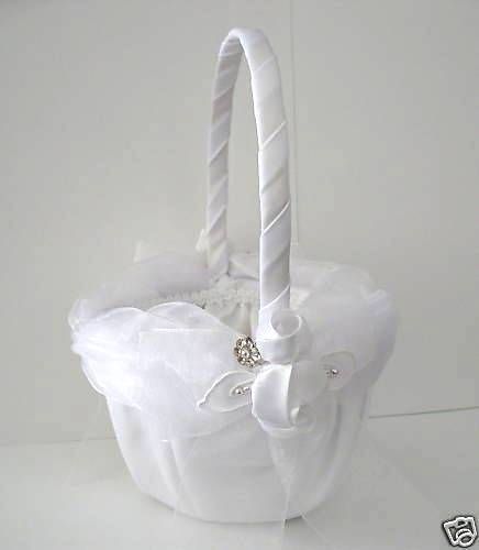 BRAND NEW Organza Bow & Rose WHITE Flower Girl Basket  