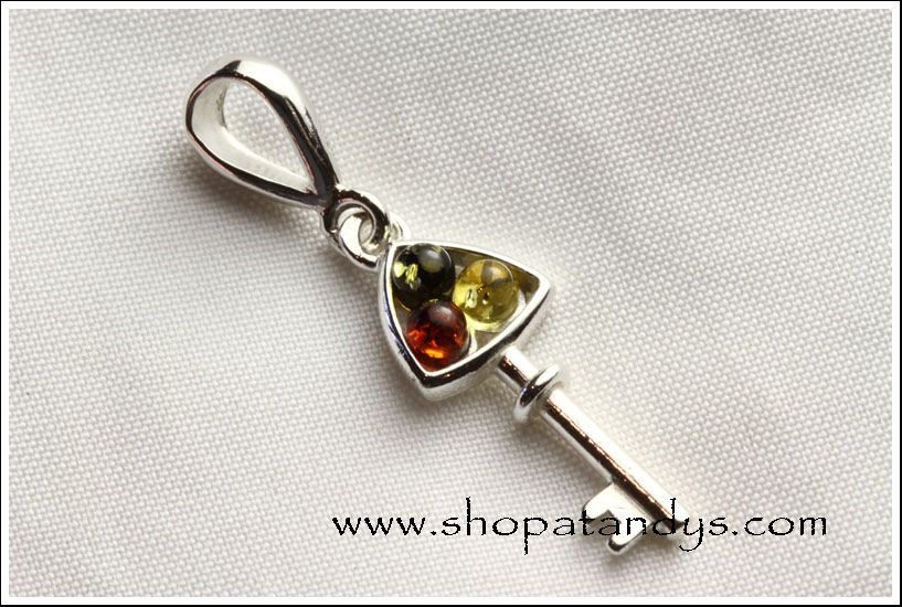 MULTICOLOUR BALTIC AMBER 925 STERLING SILVER KEY PENDANT  