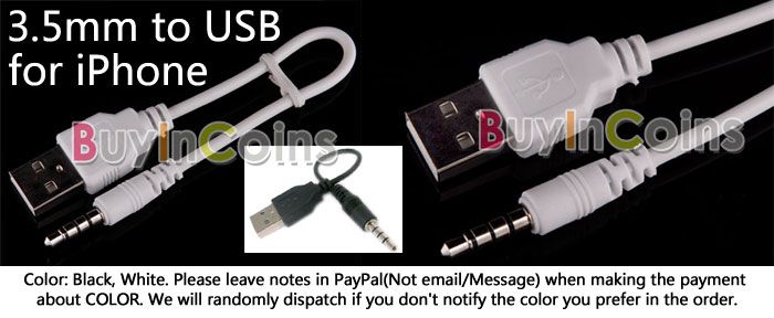 Male 3.5MM Jack Plug to USB Data Cable for iPhone iPod  