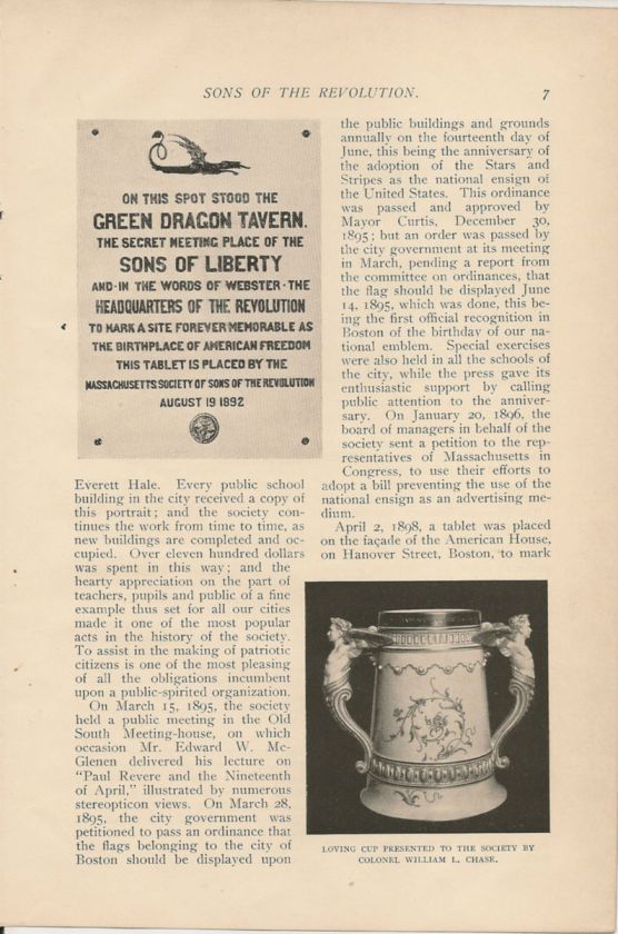 1899 Massachusetts Society of Sons of the Revolution vintage article 