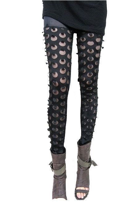 Black Hot Ripped Slashed Punk Gothic Rock Leggings #713  