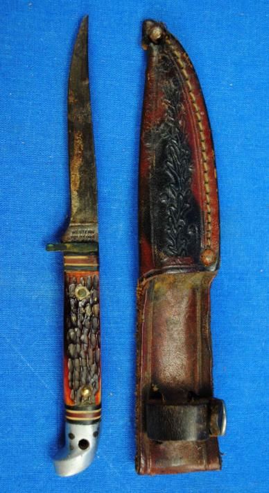 Antique Fixed Blade Western Pocket Knife w Sheath Antler Grip 6 1/4 