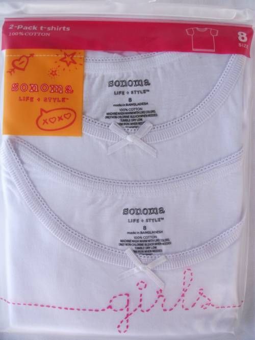 NEW Girls 2 Pack White Cotton Tagless T Shirts Tops Size 8 Sonoma 