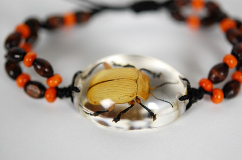 BUG BRACELET Beetle Orange Brown Bead Insect Jewelry  