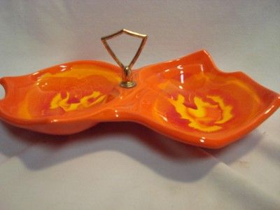   Orange/Yellow Ceramic Divided Candy Nut Relish Dish w/Handle  