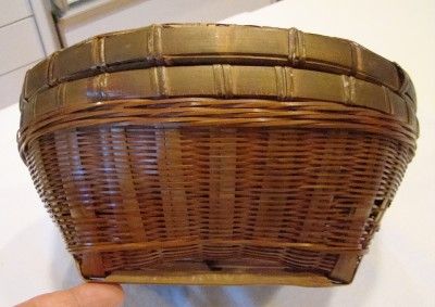 ANTIQUE WICKER SEWING BASKET, UNIQUE PAPER MACHE/COMPOSITION GENIE 