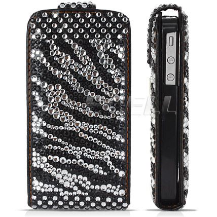 BLACK ZEBRA LEATHER BLING FLIP CASE COVER FOR iPHONE 4  